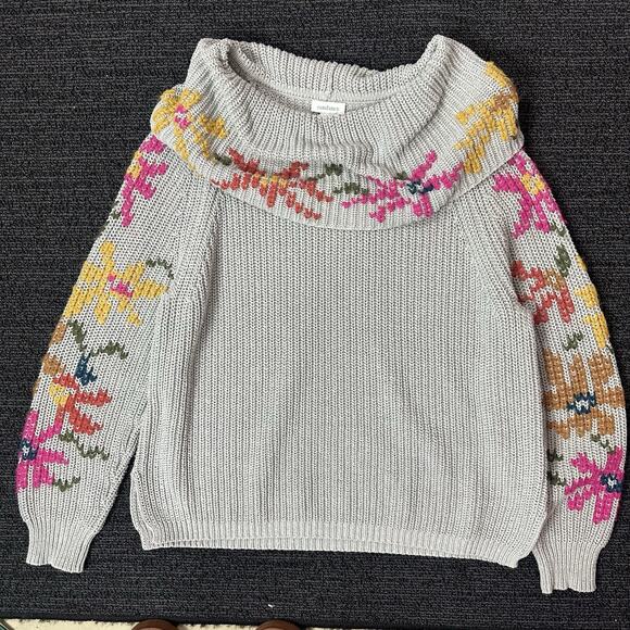 Sundance Cowl Neck Sweater Embroidered Womens Large L Floral Gray - Picture 2 of 7